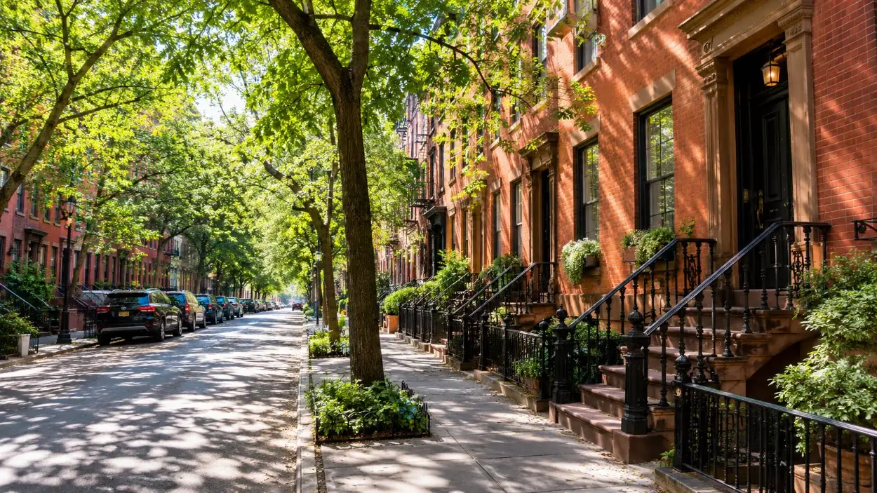 Tree-lined Bedford Street with brick row houses and stoops