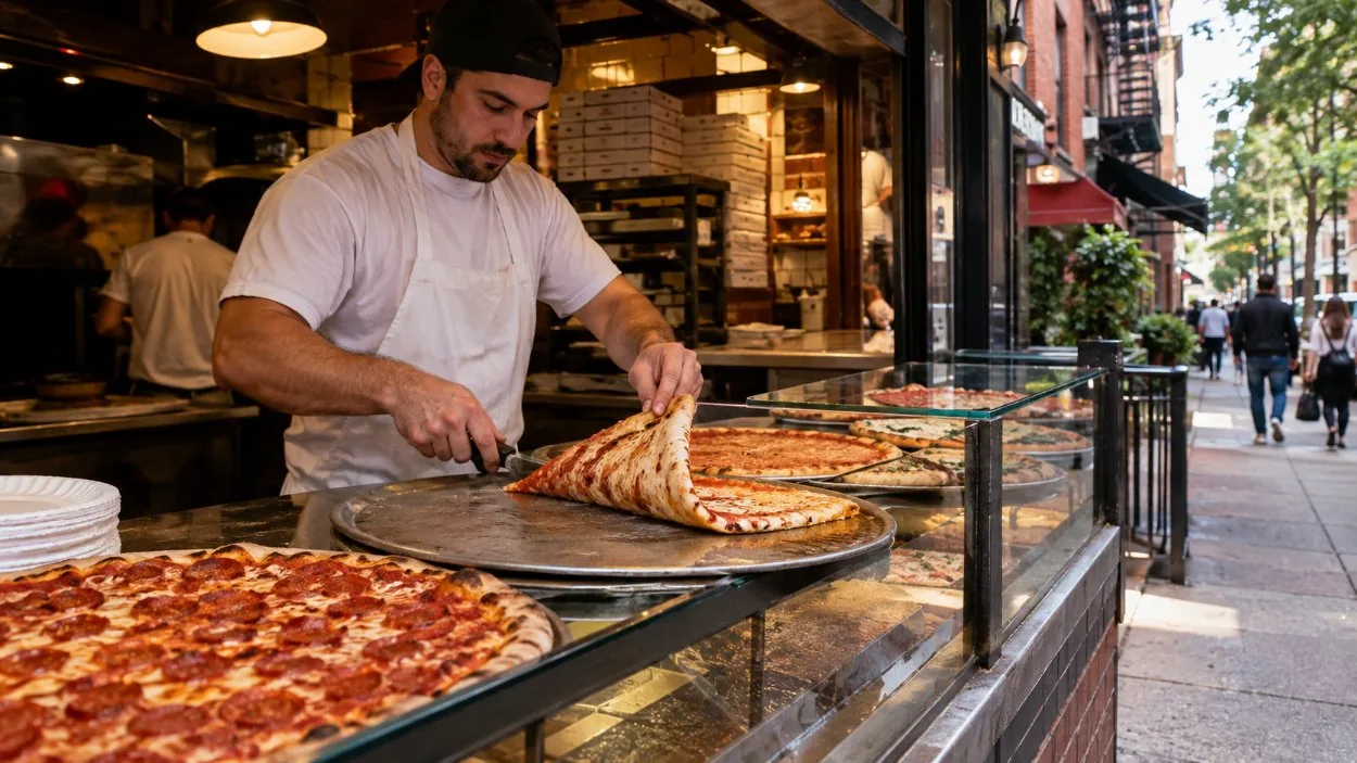 A pizza counter on Bleecker Street with a slice being folded in half