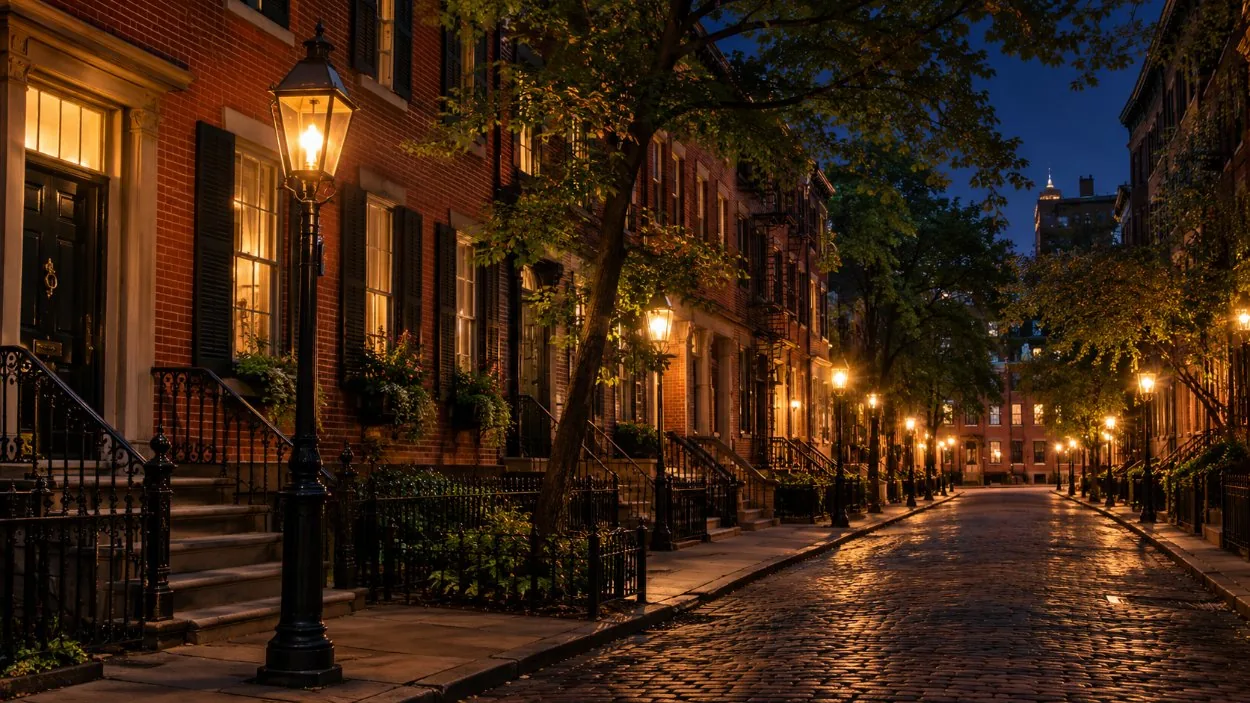 A gas-lit Village street of brick row houses after dark