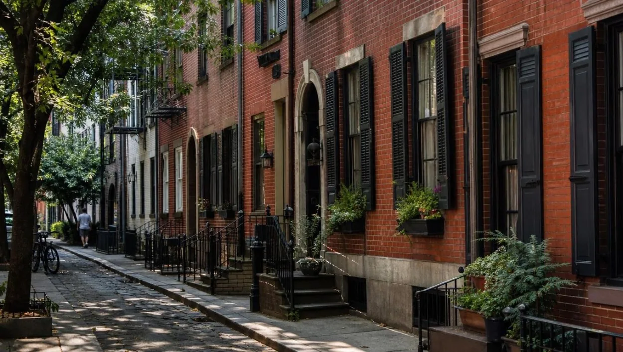 Federal-style brick town houses with iron railings on a Village side street