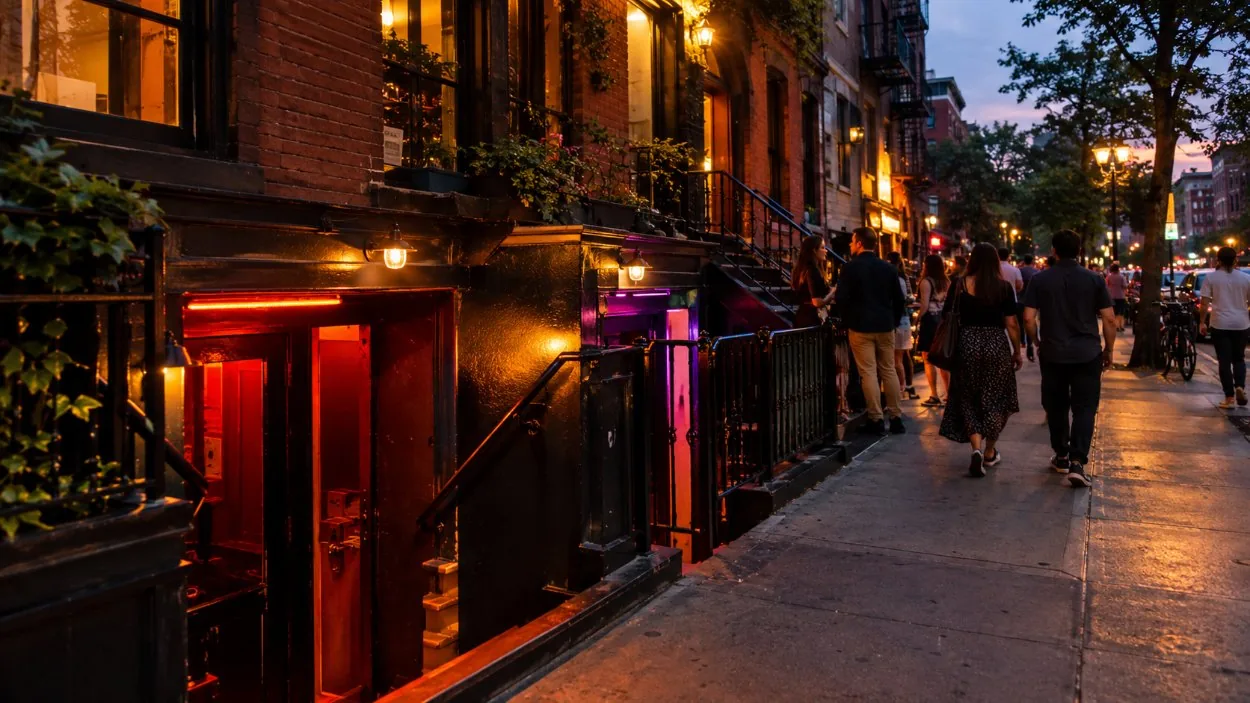 Basement club doorways and neon on MacDougal Street at dusk