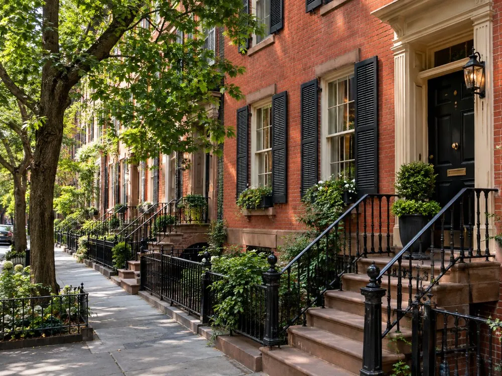 Federal brick row houses with stoops on Bedford Street