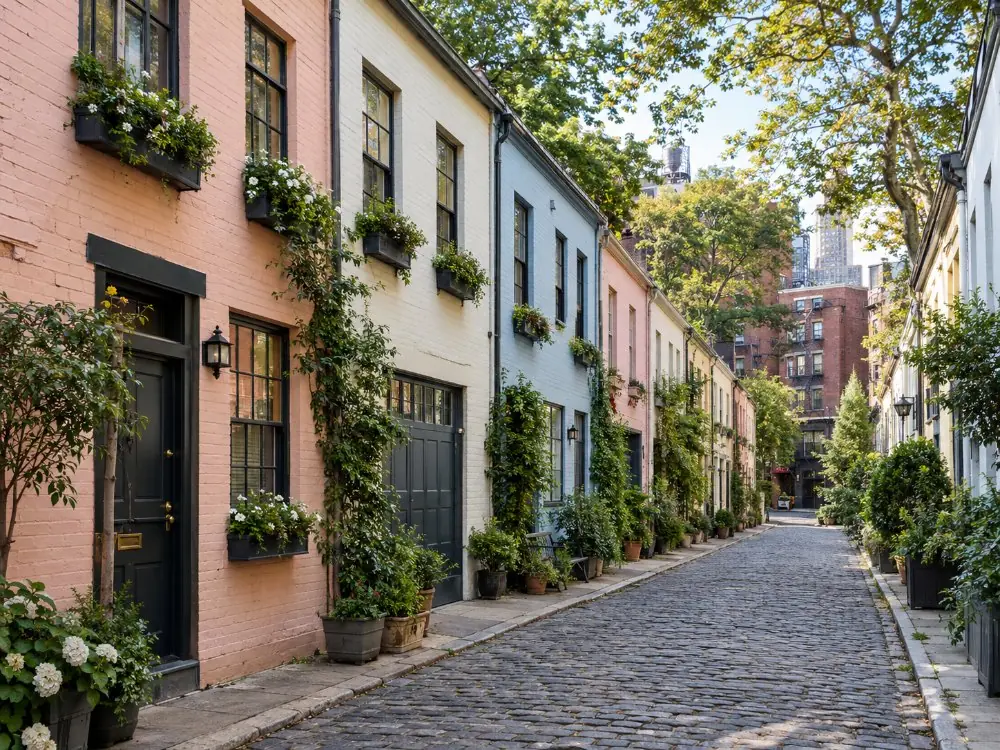 The cobbled lane and former carriage houses of Washington Mews